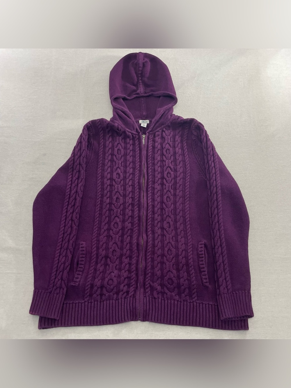 LL Bean Sweater Womens 1X Purple Hooded Full Zip Cable Knit Pockets 100% Cotton